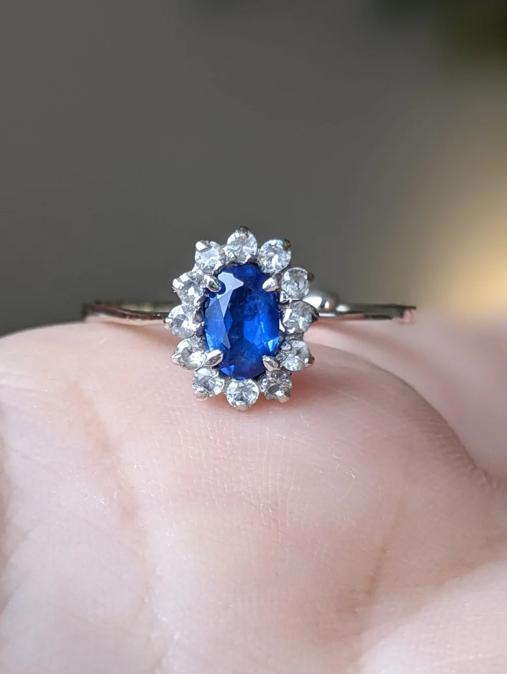 18K White Gold Blue Sapphire Ring With White Sapphire Halo - Picture 8 of 16